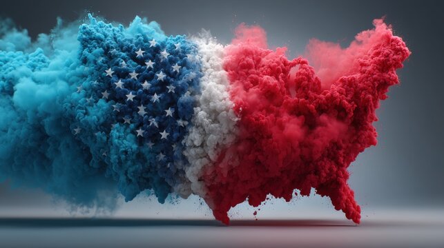 Colorful smoke in red, white, and blue forming the map of the United States. Patriotic illustration symbolizing national identity, Independence Day, and American celebration