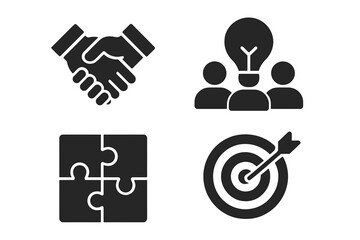 Teamwork and Collaboration Icons Set. Handshake Agreement, Group Brainstorming, Puzzle Problem Solving, Target Goal Achievement. Solid Business Partnership, Team Solution, Organization Concept Vector
