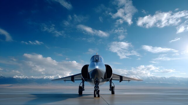 "Jet on Runway with Mountain Backdrop"