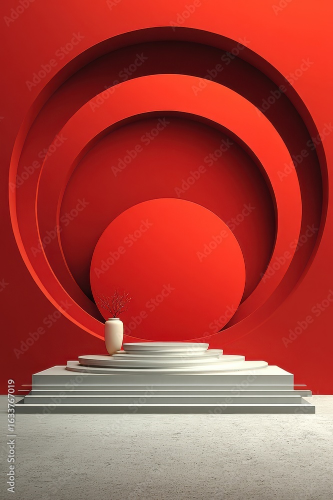 Poster minimalist red background with circular layers and a central white vessel