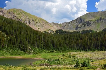 scenic williams lake and surrounding peaks on a sunny summer day in the wheeler peak wilderness...