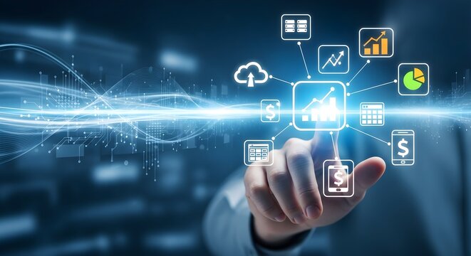 A hand interacts with a digital interface, activating data analysis and financial icons.