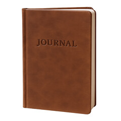 Fototapeta premium Elegant Brown Leather Journal with Embossed 'JOURNAL' Title and Visible Page Edges, Presented in a Professional Studio Setting