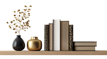 A bookshelf section with a few artfully arranged books and a small decorative object, isolated on a Transparent background