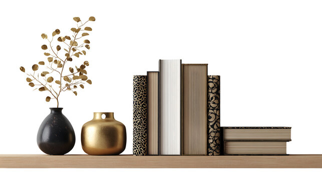 A bookshelf section with a few artfully arranged books and a small decorative object, isolated on a Transparent background