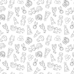 Vector Seamless pattern of baby toys. Outline Wooden car, cubes, train, rocket, giraffe on wheels and pyramid in Scandinavian style, Cute repeated background. Hand drawn ink illustration for fabric