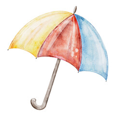 Cute pastel rainbow umbrella watercolor illustration. Hand drawn Vibrant colorful Umbrella isolated on background. Childish educational, nursery art. weather icons. Symbols for forecasts of