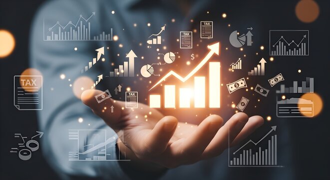A person's hand holding a glowing graph representing financial growth and data analysis.