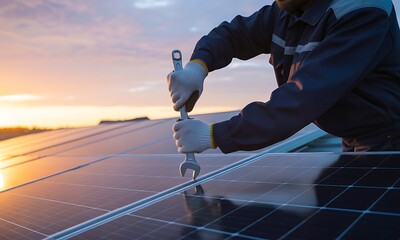 A technician in gloves uses a wrench to adjust a solar panel under a warm sunset sky, symbolizing renewable energy installation and maintenance.