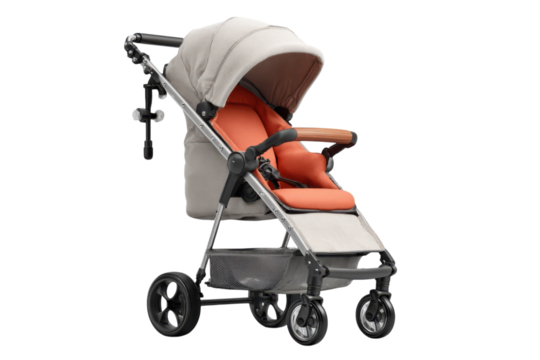 Modern beige stroller orange padded seat infant baby child equipment newborn parenting motherhood