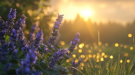 Obraz premium Lavender blossoms bathed in golden sunlight evoke feelings of tranquility and peace in a serene meadow with soft focus