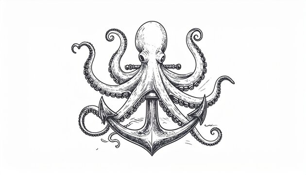 Hand-drawn giant octopus entwined with a classic nautical anchor. A powerful symbol of deep sea mystery.