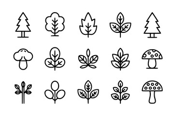 Fototapeta premium Forest icon collection - stylized trees, leaves, mushrooms, and branches. Minimalist black and white vector illustration set. Design elements for nature, environment, and outdoor themes.