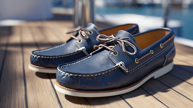 Stylish blue leather boat shoes with detailed stitching, resting on a wooden deck by the water.