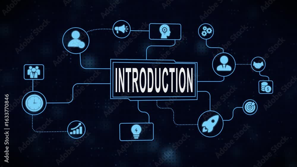 Aufkleber animated introduction graphics showing business and technology concept icons on dark blue background