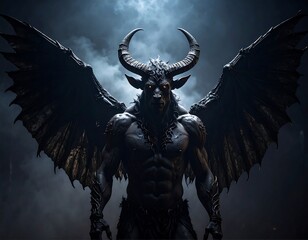 Muscular, horned demon with large bat-like wings, set against a dark, smoky background