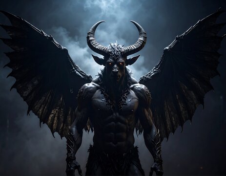 Muscular, horned demon with large bat-like wings, set against a dark, smoky background