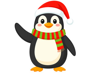 Fototapeta premium Cute Cartoon Penguin Wearing Red Santa Hat and Scarf, Waving One Flipper, Isolated