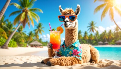A funny llama in sunglasses and a Hawaiian shirt relaxes on a tropical beach with a cocktail, enjoying a summer vacation.