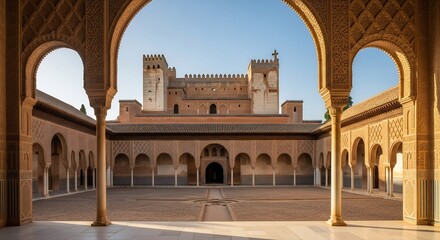 Obraz premium Golden Sunrise Over the Alhambra's Courtyard, Framed by Ornate Moorish Arches