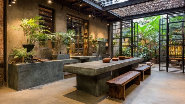 Modern industrial kitchen with greenery, natural light, and rustic design elements for contemporary home and restaurant settings