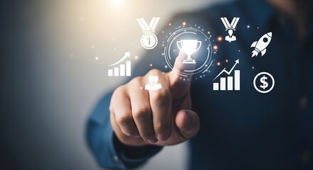 Fototapeta premium A person's finger points to a digital trophy icon surrounded by other achievement and success-related symbols, including a rocket, medal, and growth chart.