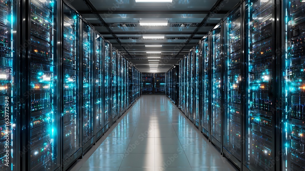 Poster server room data center with rows of computer racks and bright lights