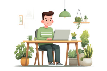 Man working from home on laptop surrounded by plants greenery happy remote on transparent background
