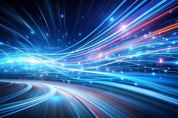 Abstract futuristic background with streaks of blue, red, and orange light, conveying speed, motion, and digital data flow, representing technology and progress