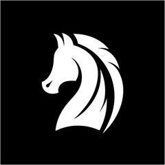 Elegant horse head silhouette logo on black. Ideal for horse products, rural brands, and pet care labels.

