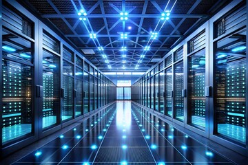 Modern data center interior with rows of servers and glowing blue lights, symbolizing advanced technology, computing power, and digital infrastructure