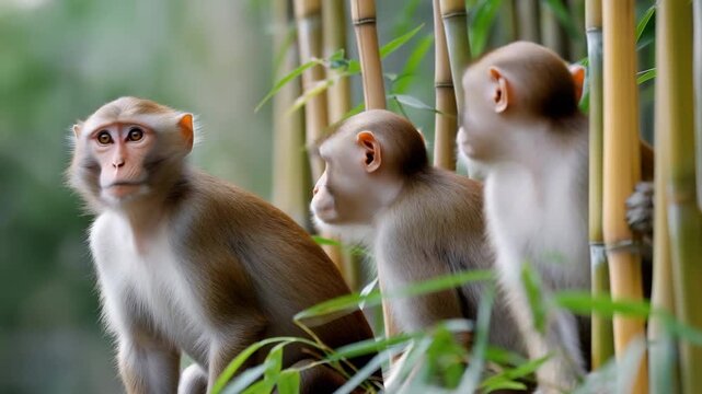 Three monkeys are standing in a line of bamboo. They are looking at the camera. The scene is peaceful and calm