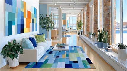 Sunlit Loft with Abstract Art, Leather Sofa, and Brick Walls in a Modern Space