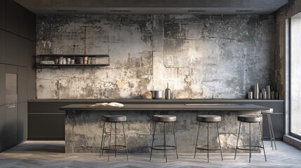 Modern Industrial Kitchen with Concrete Wall and Stylish Bar Stools, Minimalistic Design and Contemporary Elements