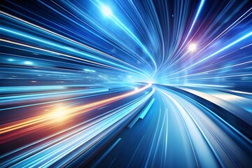 Abstract blue light streaks creating a sense of speed and motion through a futuristic tunnel, representing fast travel and technology