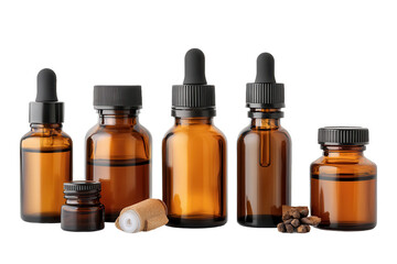Essential Oil Collection Brown Glass Bottles Holistic Aromatherapy Herbal on transparent background