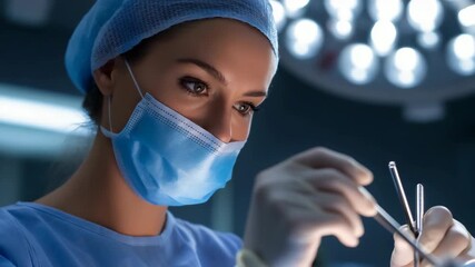 A woman in a blue surgical gown is holding a pair of scissors. She is wearing a mask and a hat - Powered by Adobe