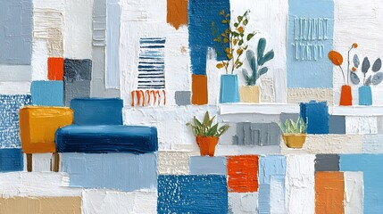 Abstract Painting of Loft Interior with Colorful Elements and Sunlight Accents