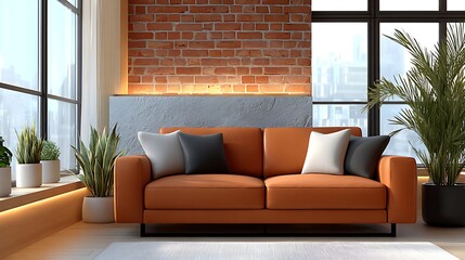 Bright Loft Interior with Abstract Painting and Cozy Leather Sofa in Sunlight
