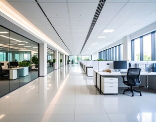 Modern, bright office hallway with cubicles and large windows