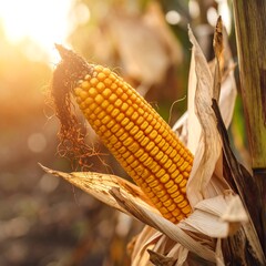 Ripe corn cob in field at sunset