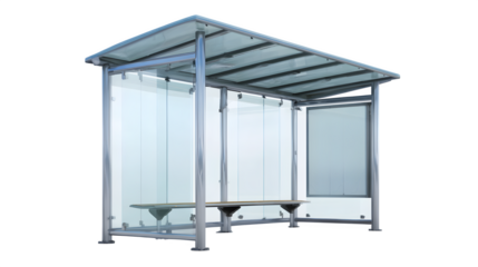 A bus stop shelter (glass and metal design), empty, isolated on a Transparent background