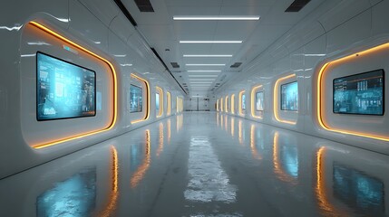 High-tech scientific laboratory with illuminated interfaces and blank futuristic wall perfect for tech infographics, presentation templates, or overlay design.