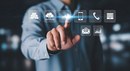 Businessperson interacts with digital interface, selecting cloud computing services.