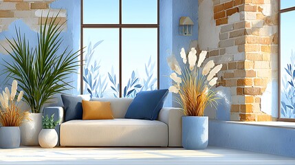 Serene Abstract Loft Living Room with Sunlight, Plants, and Modern Sofa