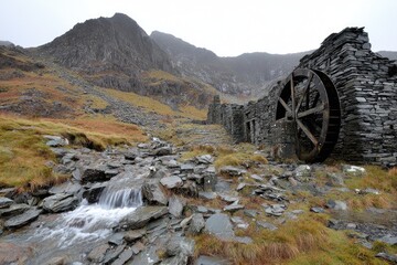 Mountain slate mill, water wheel, and stream