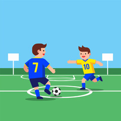 Fototapeta premium vector style Two kids playing football soccer on green grass