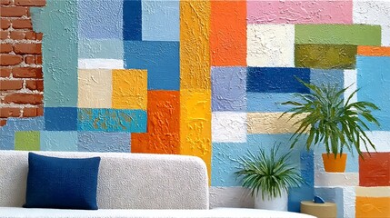 Abstract Interior Design with Brick Wall and Colorful Art in a Modern Loft Space
