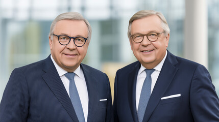 Fototapeta premium Two businessmen in formal attire exuding confidence in an office.