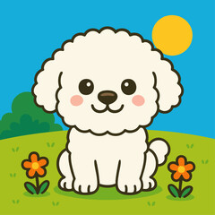 Cute Bichon Frise Cartoon Vector Illustration in Sunny Outdoor Scene